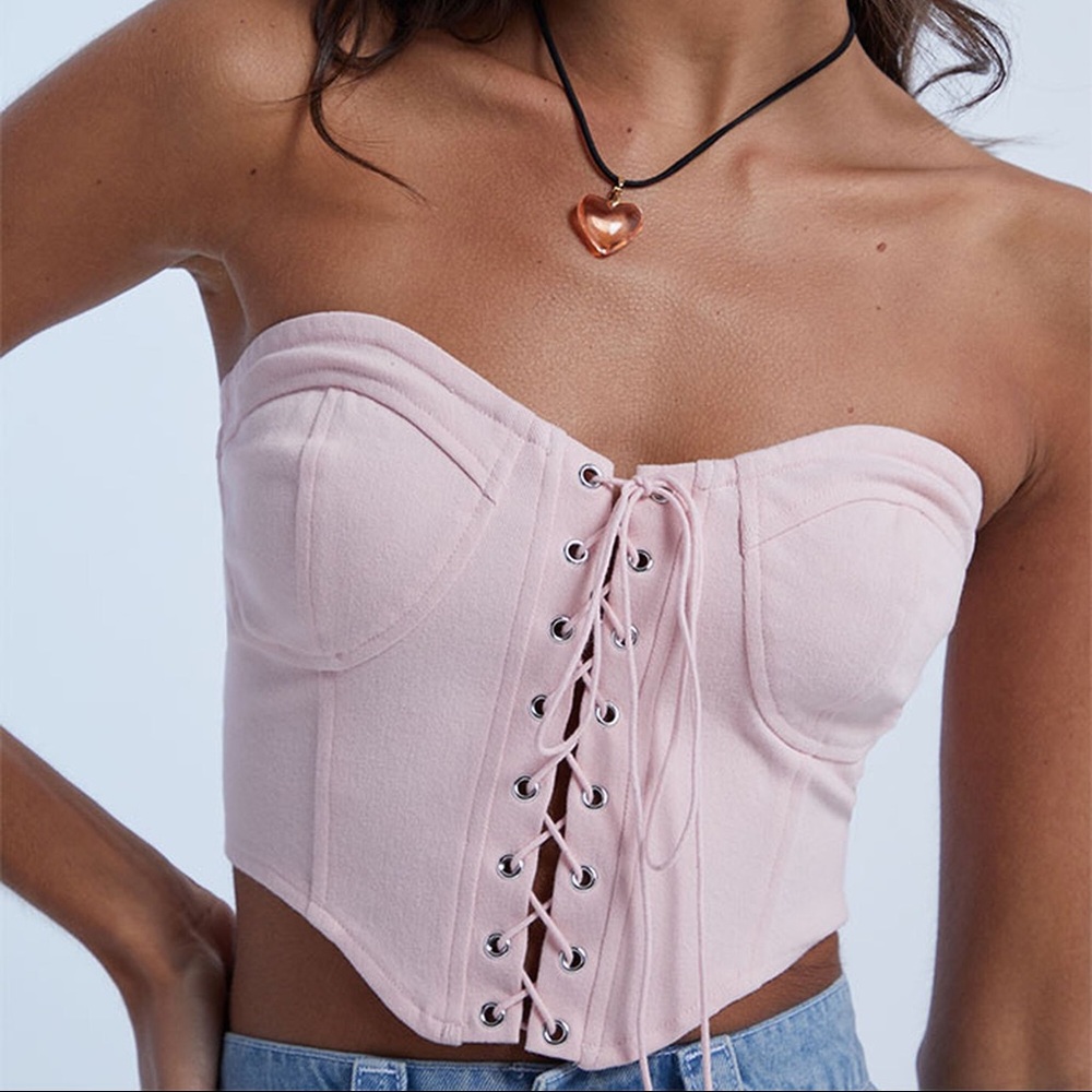 Pacsun LA Hearts Lace Up Baby Pink Denim Corset Top